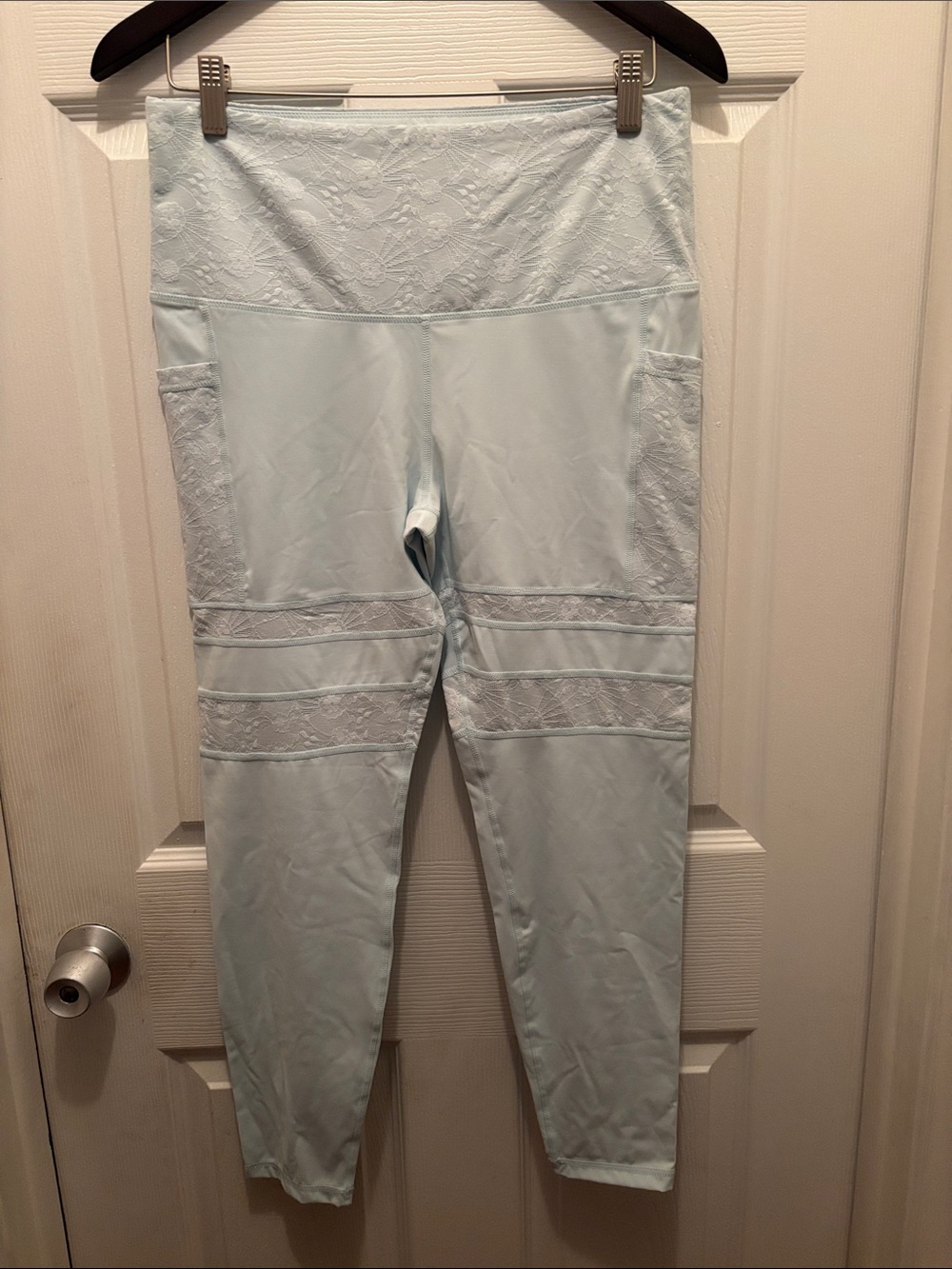 High-Waist Lace-Panel Leggings in Light Blue